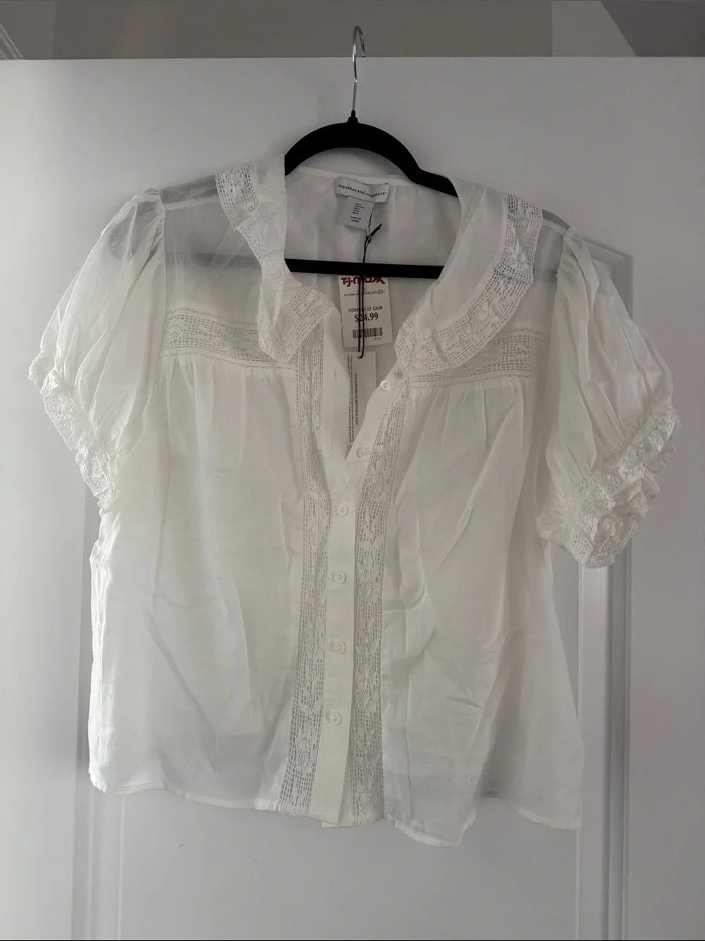 White Lace-Trim Button Front Blouse - Women Tops